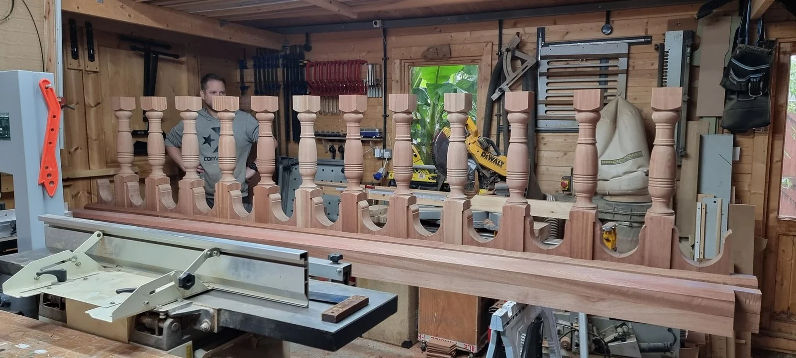 Traditional turned wooden balustrade being made in the workshop