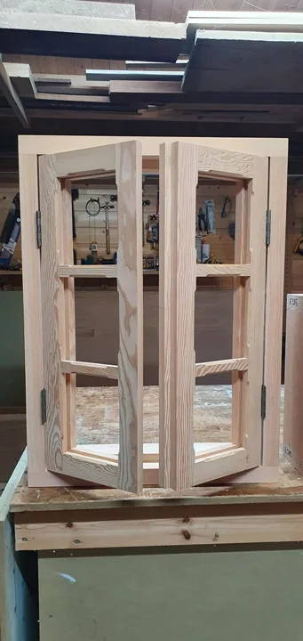 Bespoke timber bay window frame in the workshop